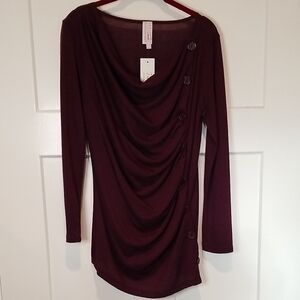 Burgundy Draped L/S Top Asymmetrical Hemline and Chunky Button Accent NWT Large